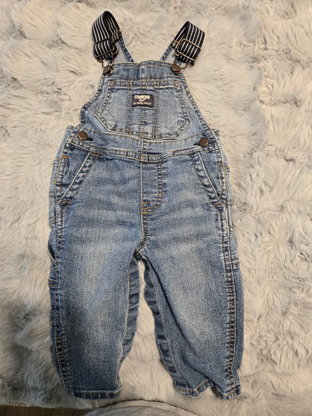 OshKosh B'gosh Striped Strap Stretch Denim Overalls 12M Snap Leg